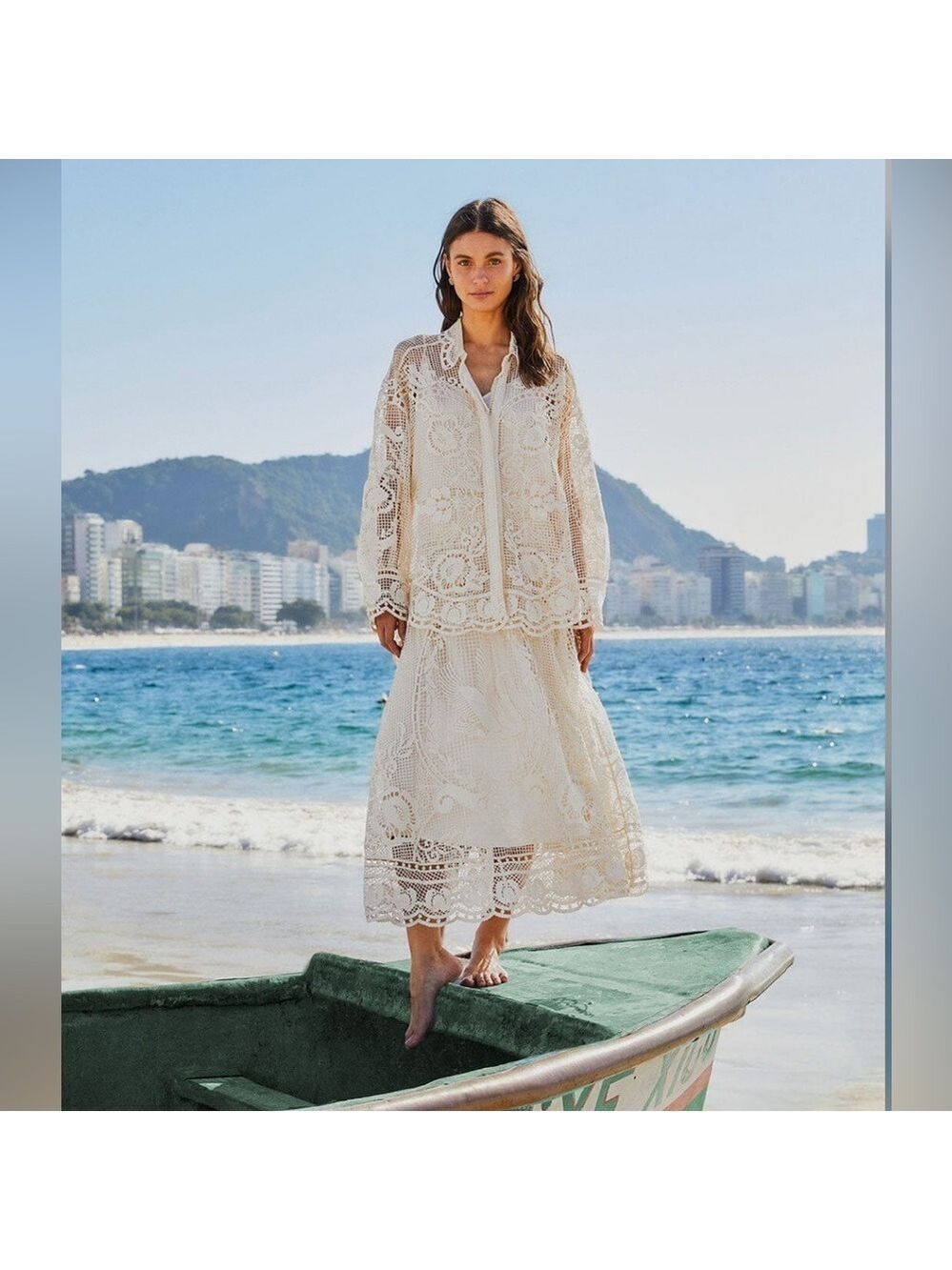 Farm Rio Off-White Swan Lake Guipure Midi Skirt
